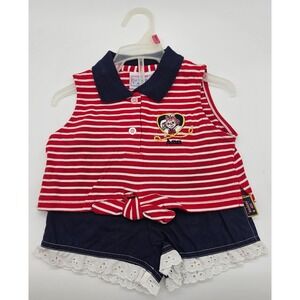 VTG Raggedy Ann & Andy Girls Red White Striped Polo Top Navy Eyelet Shorts Set
